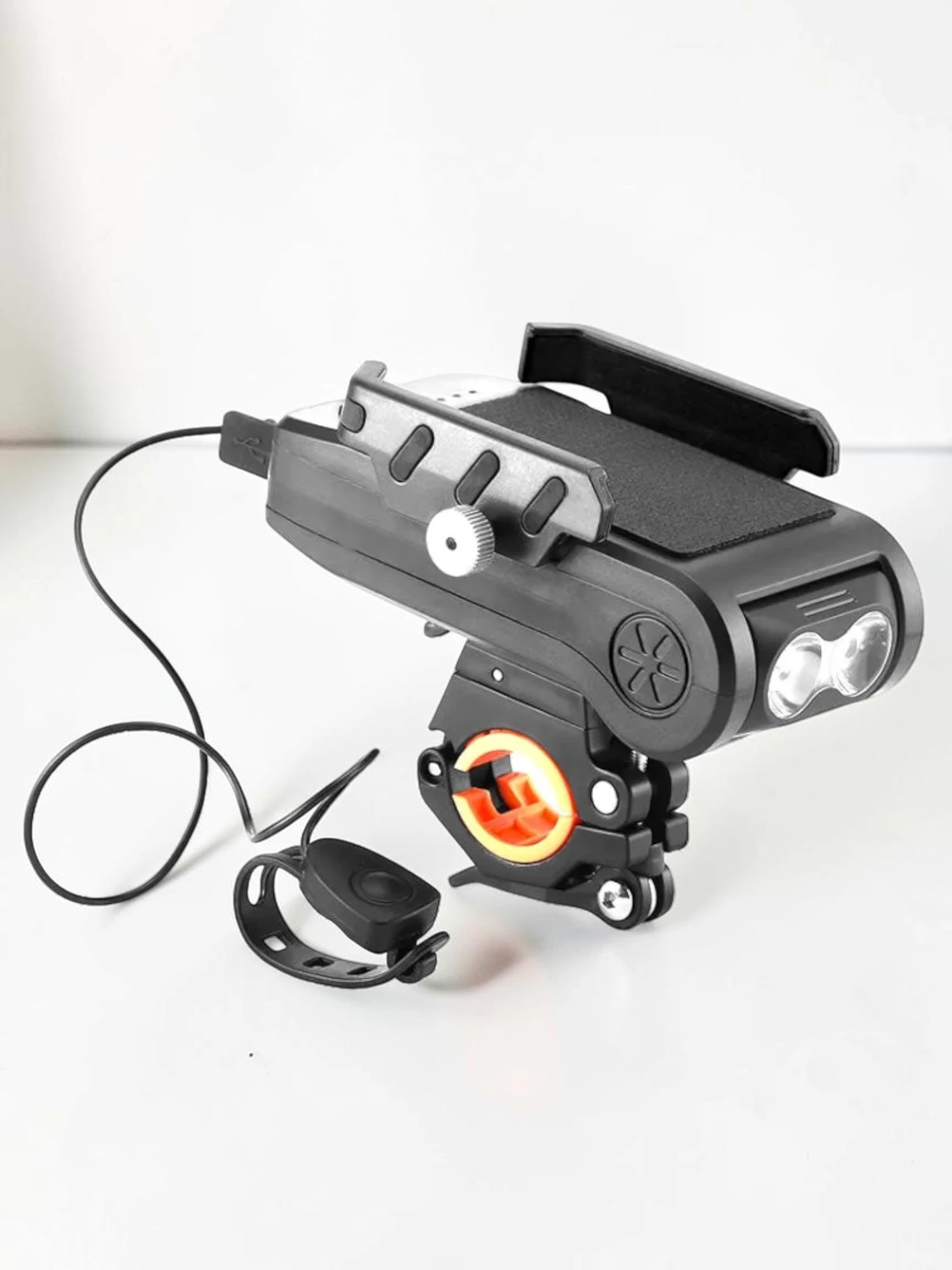 CarPhoneCradle Bicycle Front Light 4-in-1 Mobile Phone Holder with Horn and Power Bank, ABS and Silicone, 4000mAh Black