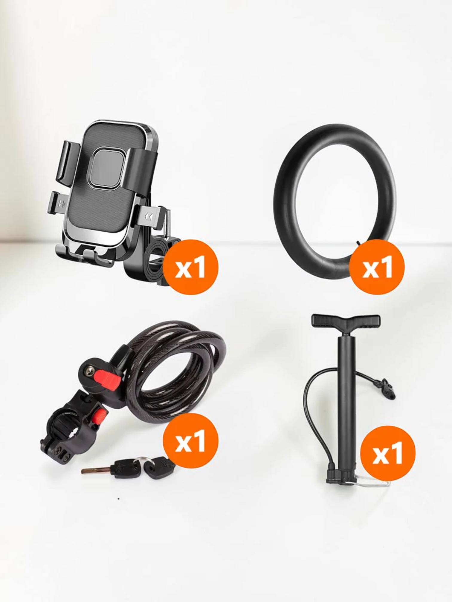 CarPhoneCradle Bicycle Accessory Kit with Phone Holder, Inner Tube, Cable Lock, and Hand Pump