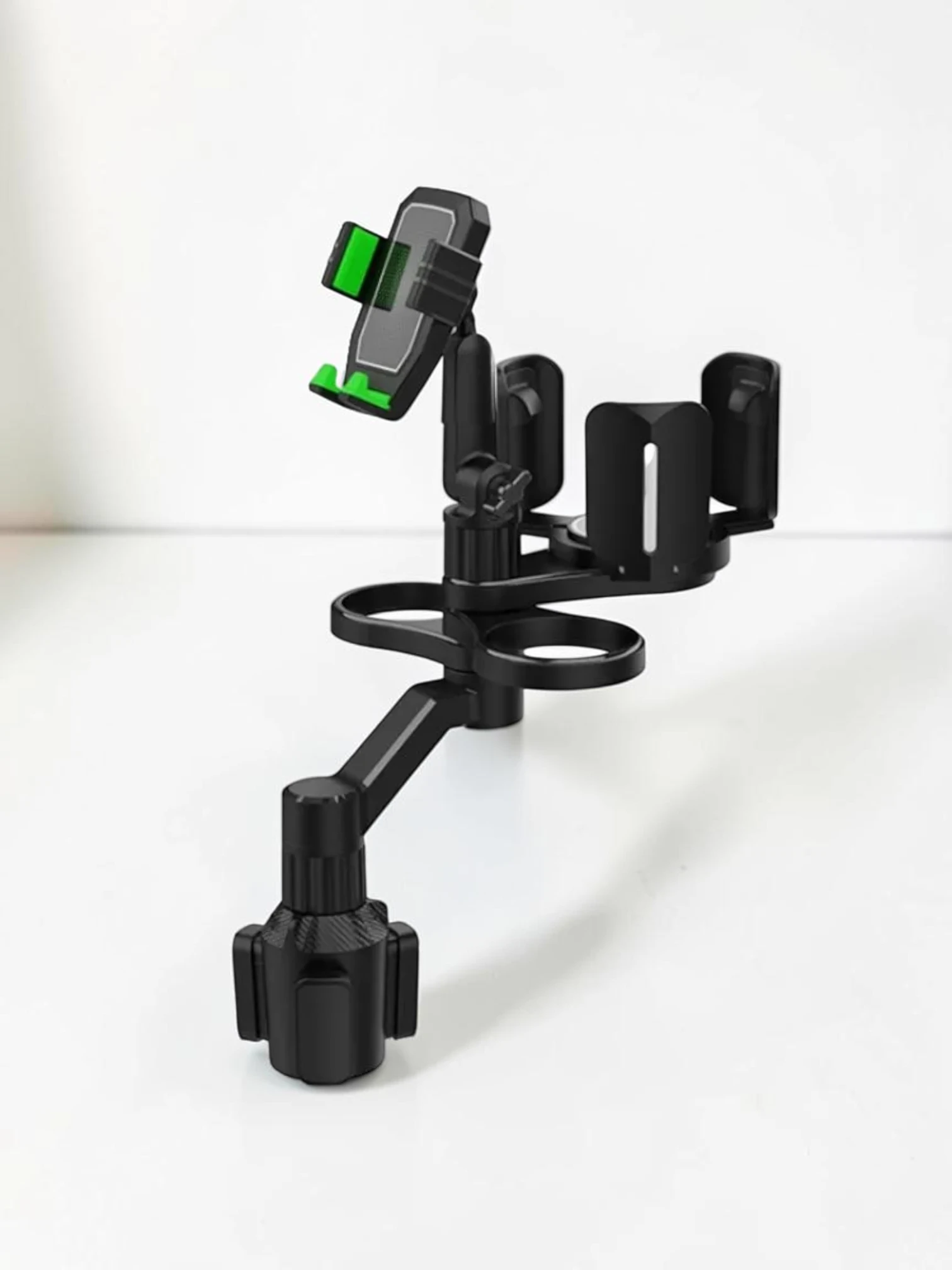 CarPhoneCradle Car Cup Holder Expander with Dual Beverage Slots and Adjustable Phone Mount, ABS/PC, Green