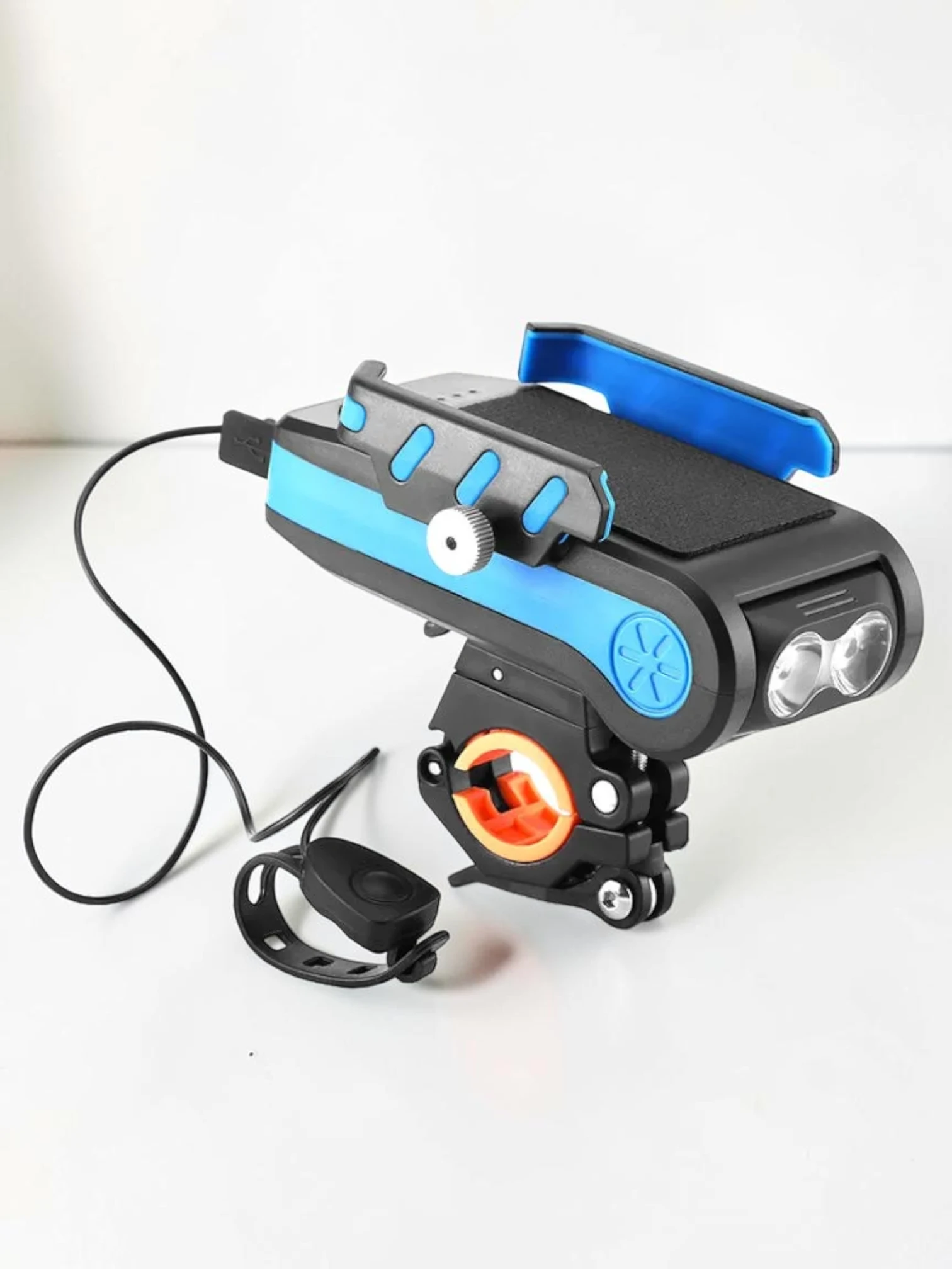 CarPhoneCradle Bicycle Front Light 4 In 1 Mobile Phone Holder Horn Light, ABS and Silicone, 4000 MAH Blue, 13x6.4x11.5 cm