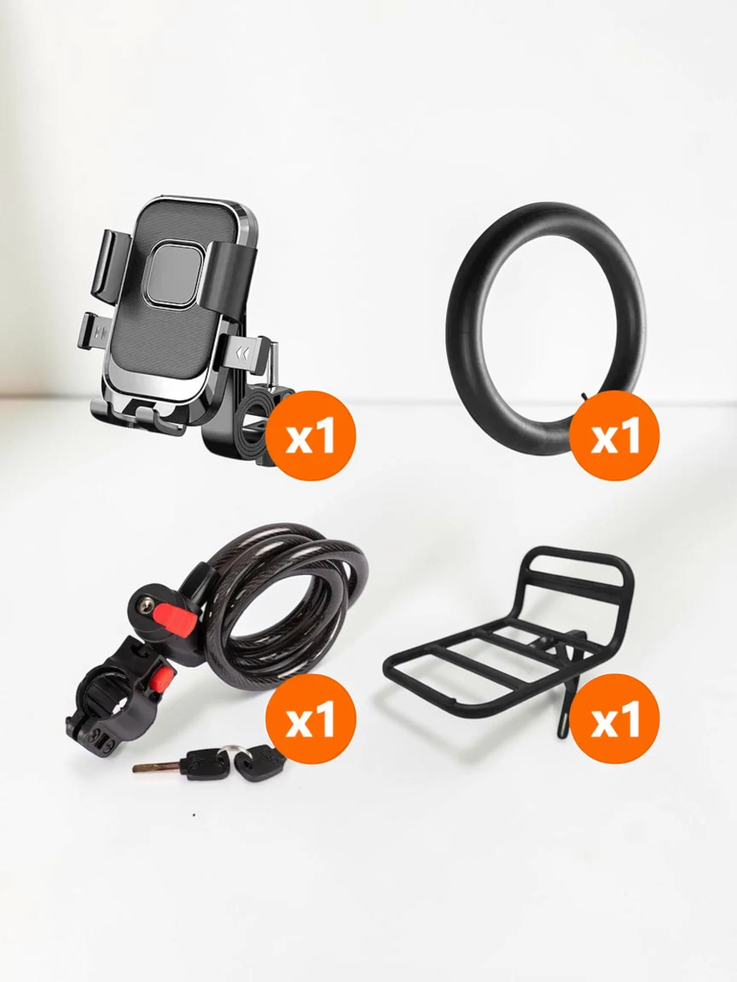 CarPhoneCradle Bike Accessory Bundle with Phone Holder, Inner Tube, Cable Lock, and Front Cargo Rack